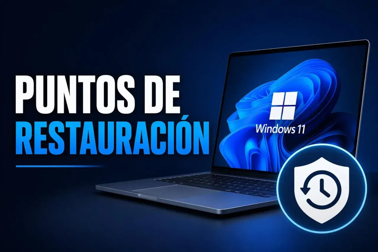 Guía para restaurar Windows 11 a un punto anterior. Laptop con logo de Windows 11 y un icono de escudo con flecha circular.