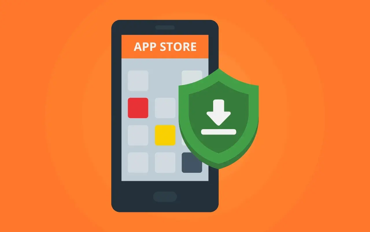 Teléfono con pantalla "APP STORE" y un escudo verde con flecha de descarga. Guía para saber como instalar un antivirus.