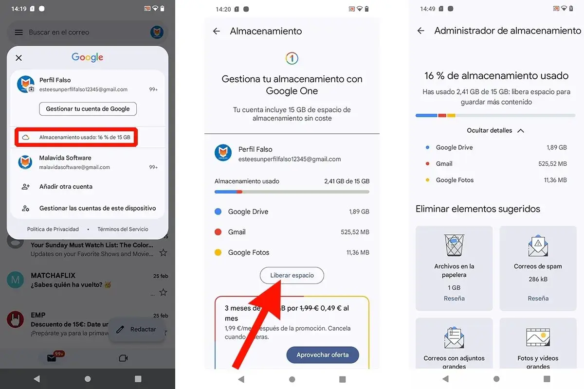 Captura de pantalla de un teléfono móvil mostrando la gestión del almacenamiento de Google, indicando que el espacio está casi lleno, lo que podría ser la razón por la que no me llegan los correos.