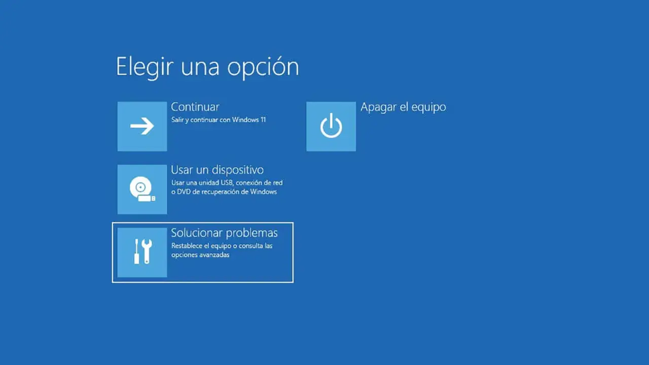Pantalla de opciones de Windows: continuar, usar dispositivo, apagar o solucionar problemas. Si eliges solucionar problemas, podrás reiniciar en modo seguro.