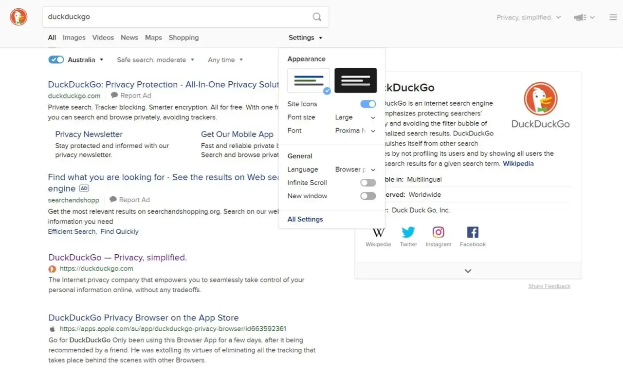 DuckDuckGo que es: buscador privado con opciones de apariencia y configuración. Protege tu información.