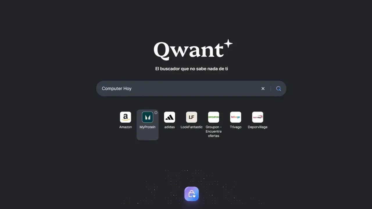 Qwant buscador: "Computer Hoy" en la barra de búsqueda. Iconos de Amazon, MyProtein, Adidas, LookFantastic, Groupon, Trivago y Deporvillage.