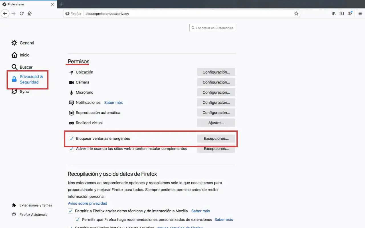 Configuración de Firefox: la opción "Bloquear ventanas emergentes" está marcada, lo que significa que el navegador está configurado para impedir su aparición.