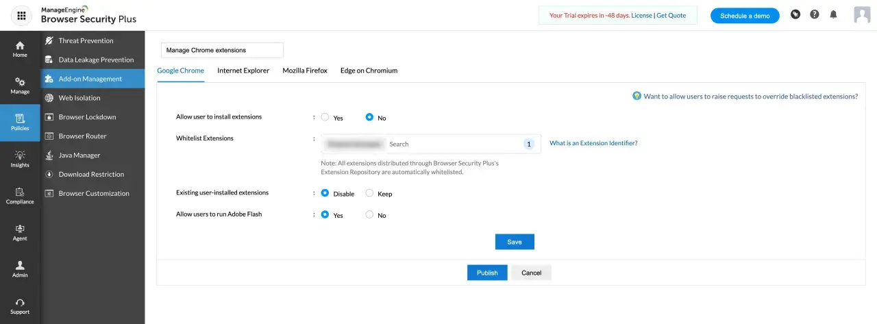 Configuración para desactivar extensiones de Chrome. Permite o deniega la instalación y gestiona las extensiones existentes.