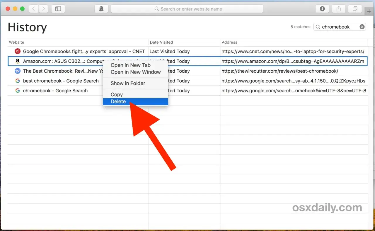 Eliminando una entrada del historial mac. Se muestra el menú contextual con la opción 