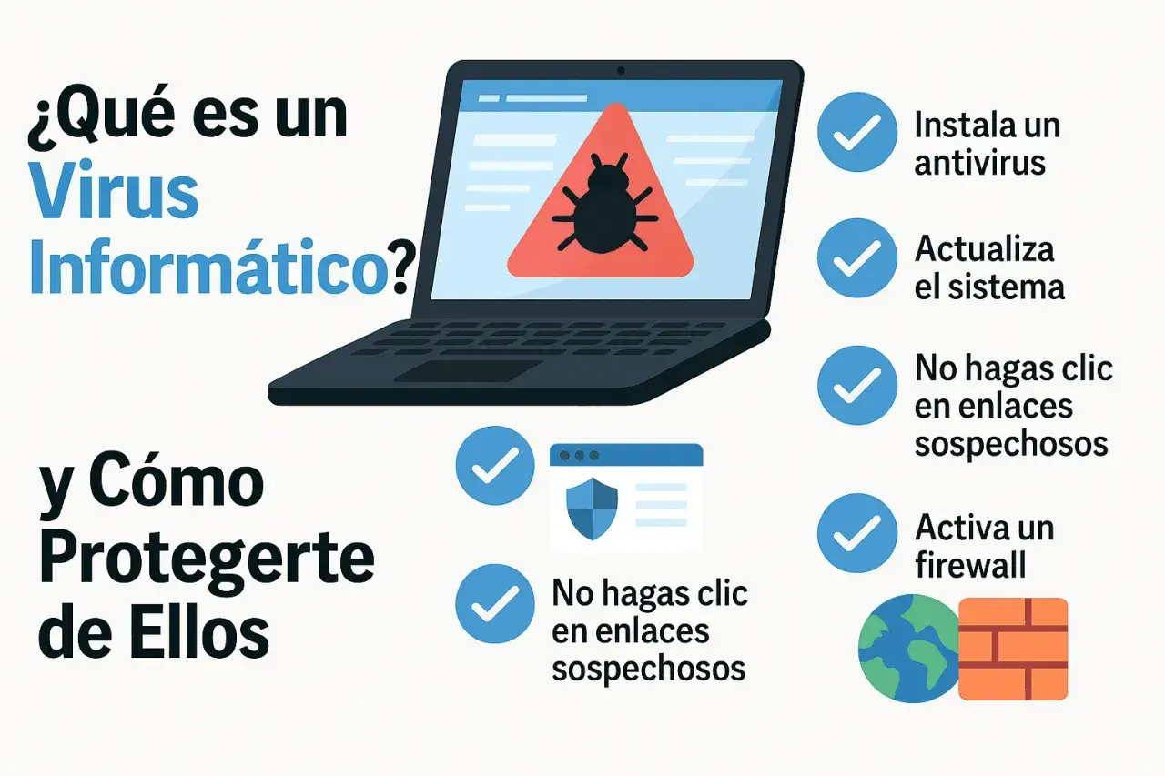 Un port&aacute;til muestra un icono de virus. El texto explica qu&eacute; es un virus inform&aacute;tico y c&oacute;mo protegerse, recomendando antivirus, actualizaciones y precauci&oacute;n con enlaces.