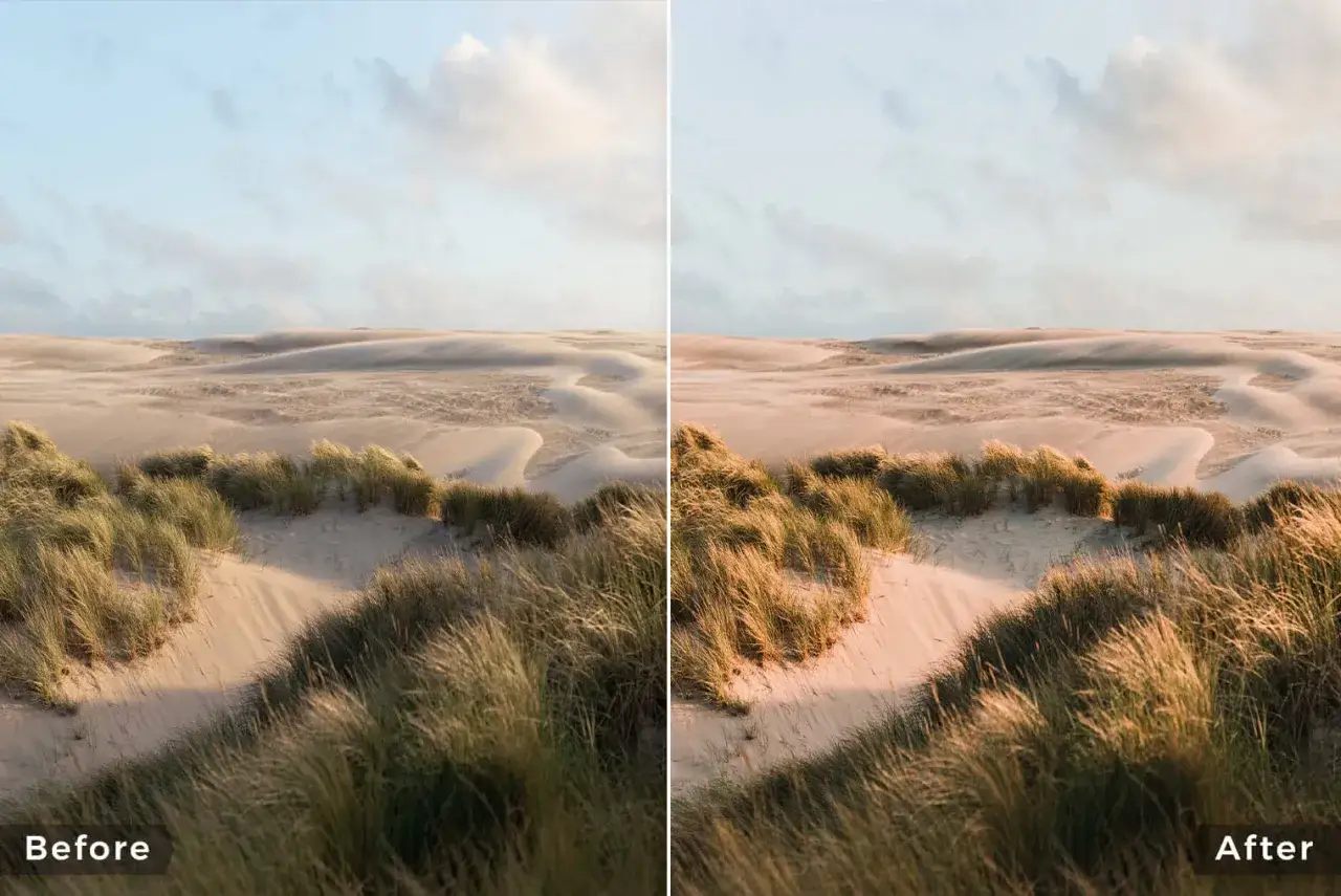 Dunas de arena y hierba con cielo nublado. Comparativa 