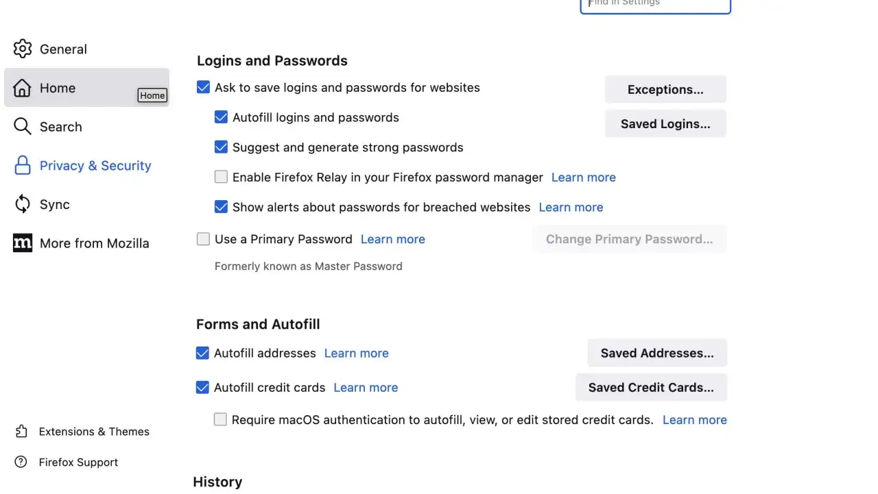 Configuración de Firefox: gestor de contraseñas, autocompletar y seguridad.