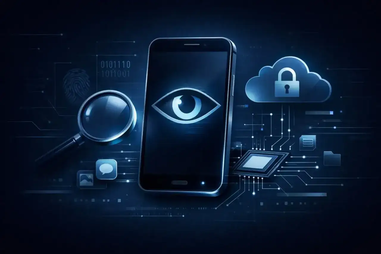 Un ojo vigilante en un teléfono, lupa, huella digital y nube con candado. ¿Qué es Pegasus? Vigilancia digital.