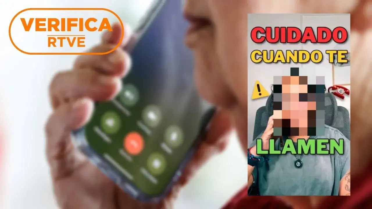 Persona habla por teléfono, con texto que advierte: