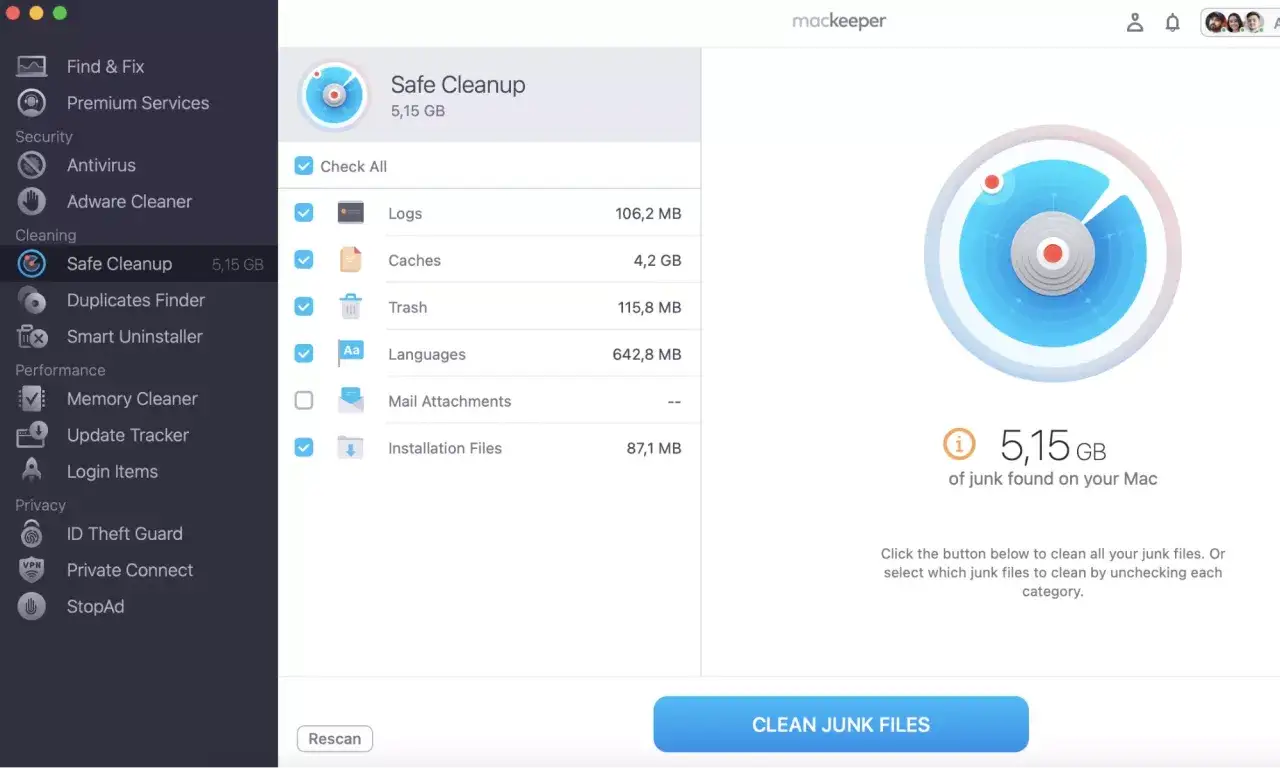 Interfaz de Mackeeper mostrando cómo limpiar el Mac de archivos basura. Se listan categorías como Cachés y Papelera, con 5,15 GB de datos a eliminar.