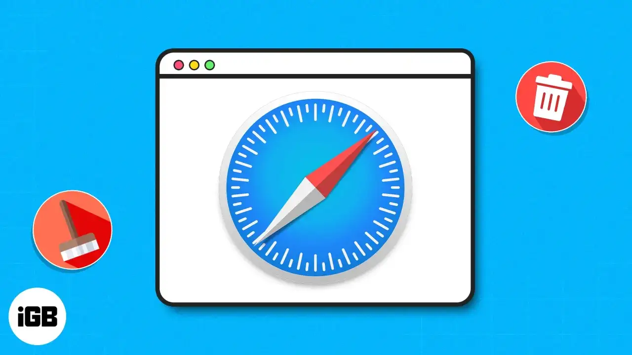 Iconos de limpieza y basura junto a la ventana de Safari, sugiriendo cómo hacer clear cache safari.