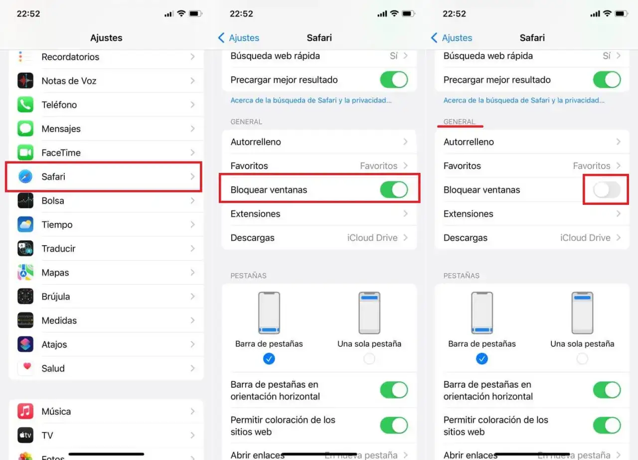 Ajustes de Safari en iPhone: se muestra cómo activar o desactivar el bloqueo de ventanas emergentes.