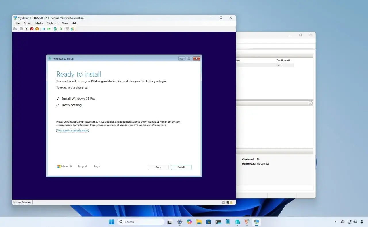 Instalando Windows 11 Pro en una Windows Sandbox. La pantalla muestra la preparación para la instalación, indicando que se instalará Windows 11 Pro y se conservará nada.