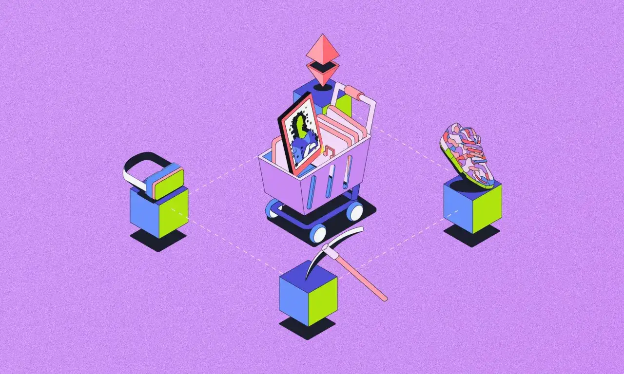 Carro de compras con arte digital y un zapato colorido, simbolizando c&oacute;mo crear un NFT. Incluye un casco de RV y un pico.
