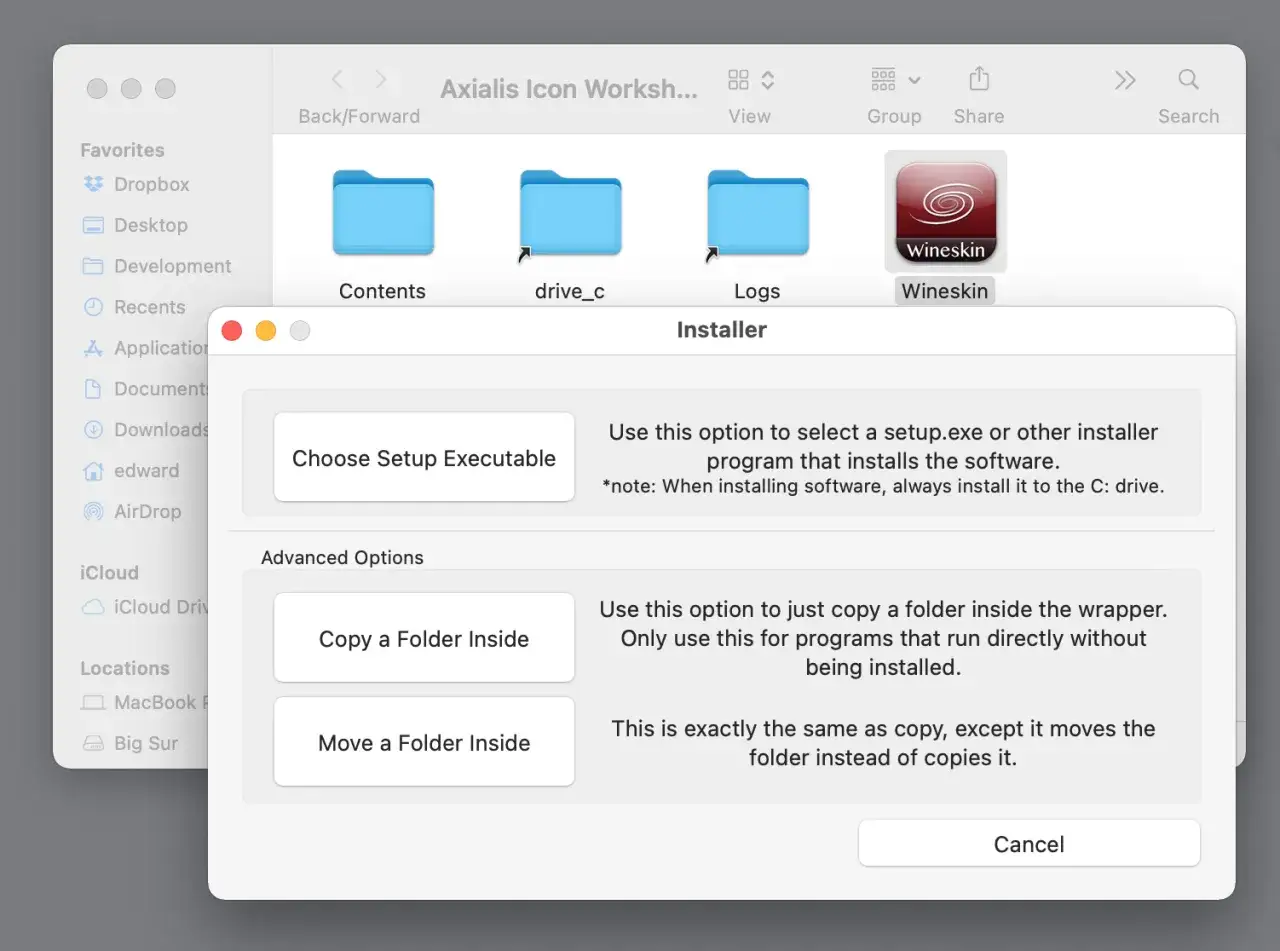 Ventana de instalador de Wineskin para abrir archivos .exe en Mac. Permite elegir un ejecutable de configuraci&oacute;n o copiar carpetas.