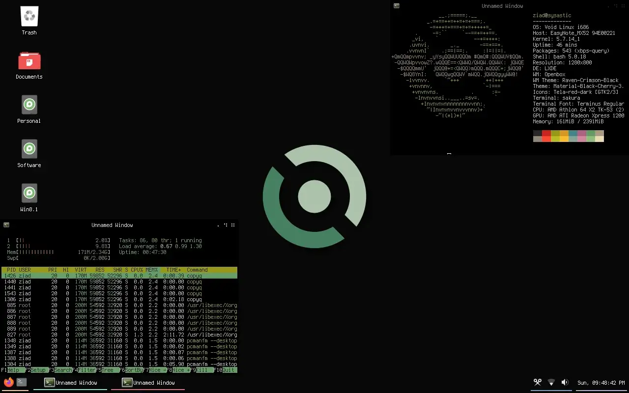 Escritorio de Void Linux con terminales mostrando procesos y sistema. Un logo circular verde destaca.