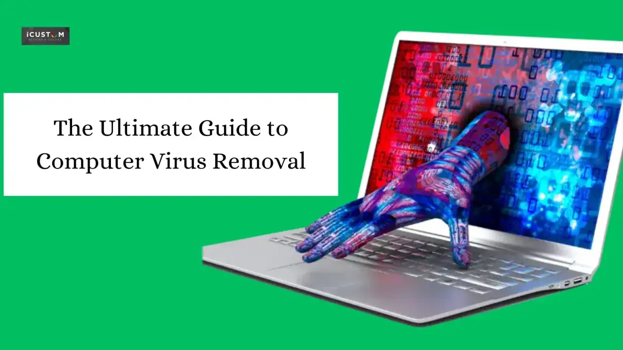 Una mano digital emerge de una laptop, mostrando cómo quitar un virus del ordenador.