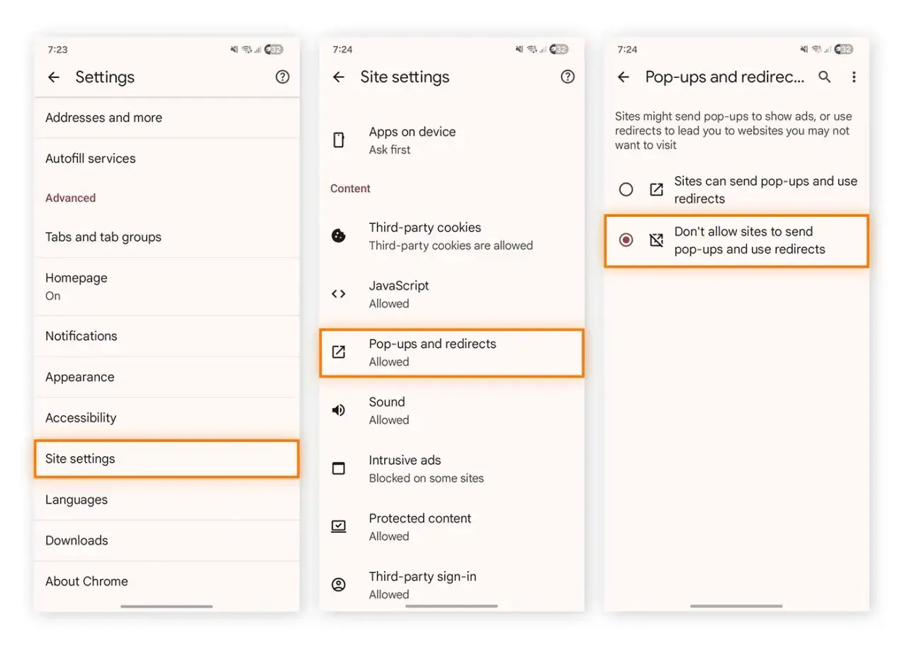 Configuraci&oacute;n de Chrome para Android: desactiva pop-ups y redirecciones para eliminar virus.