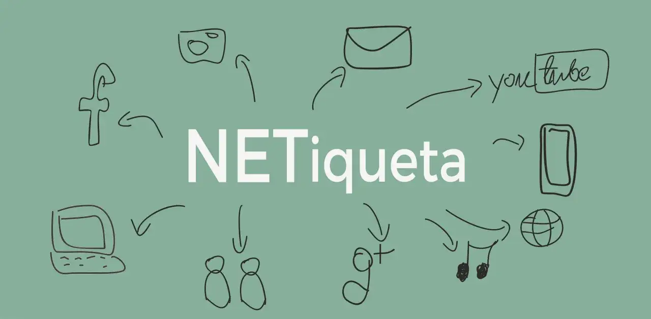 La netiqueta es el conjunto de normas de comportamiento en internet. Iconos de redes sociales, email, YouTube, móvil, portátil y música rodean la palabra.