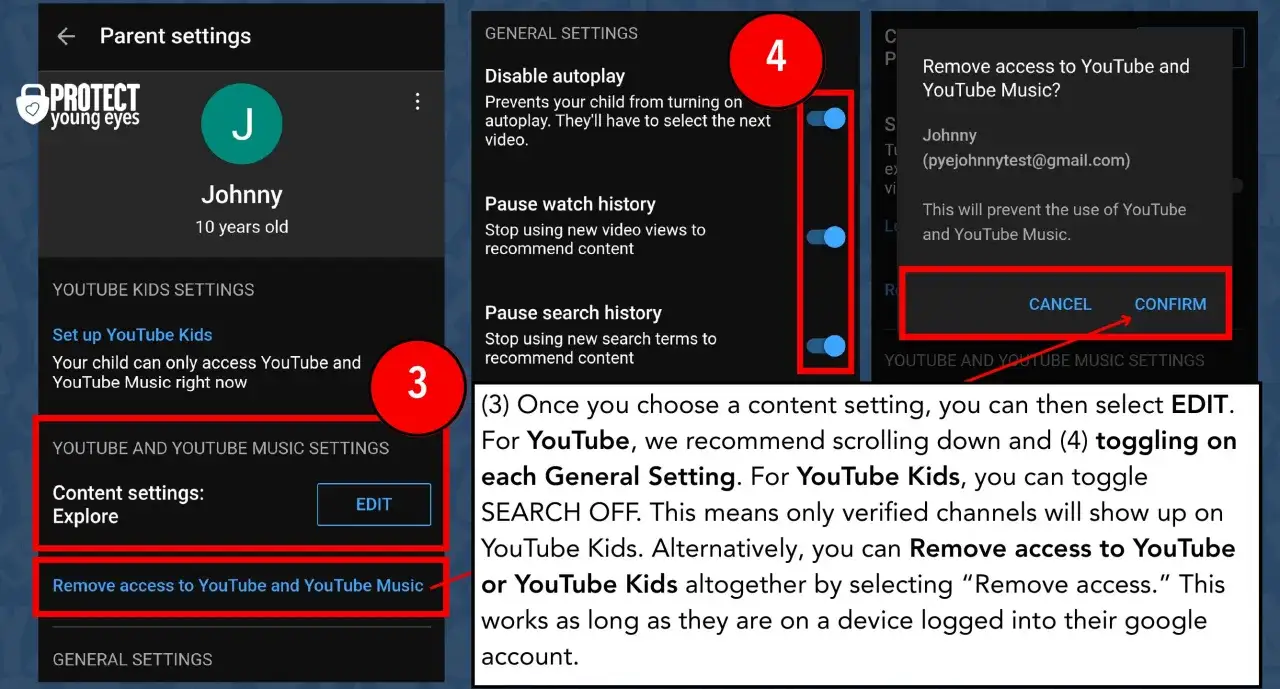 Ajustes para instalar control parental en YouTube Kids. Se muestra c&oacute;mo configurar el acceso y el contenido para ni&ntilde;os.
