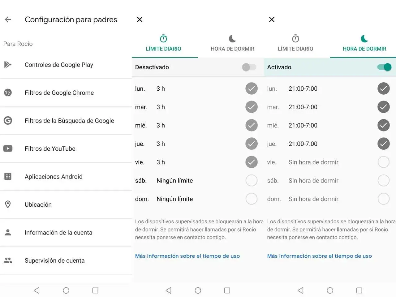 Configuraci&oacute;n de HORA DE DORMIR para Roc&iacute;o, parte del c&oacute;digo acceso parental Family Link. Se activa de 21:00 a 7:00 de lunes a jueves.