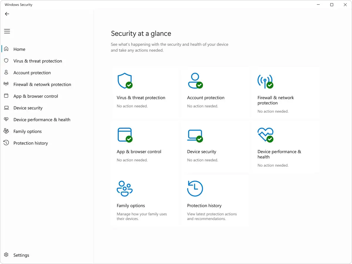 Panel de Seguridad de Windows con opciones como protección contra virus, firewall y control de aplicaciones. Todo en orden para tu seguridad.