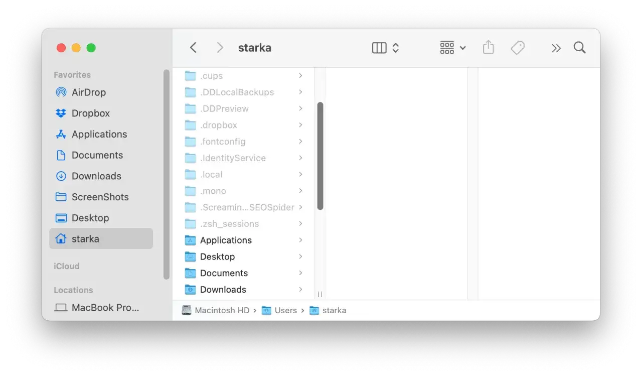 Ventana del Finder de macOS mostrando c&oacute;mo ver archivos ocultos en la carpeta 