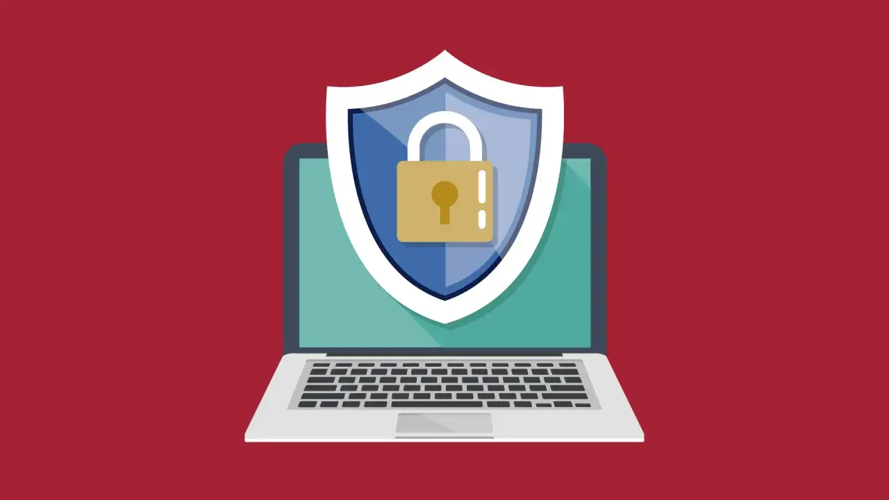 Ilustración de un portátil con un escudo de seguridad y un candado dorado. Guía visual para saber como instalar un antivirus y proteger tu equipo.