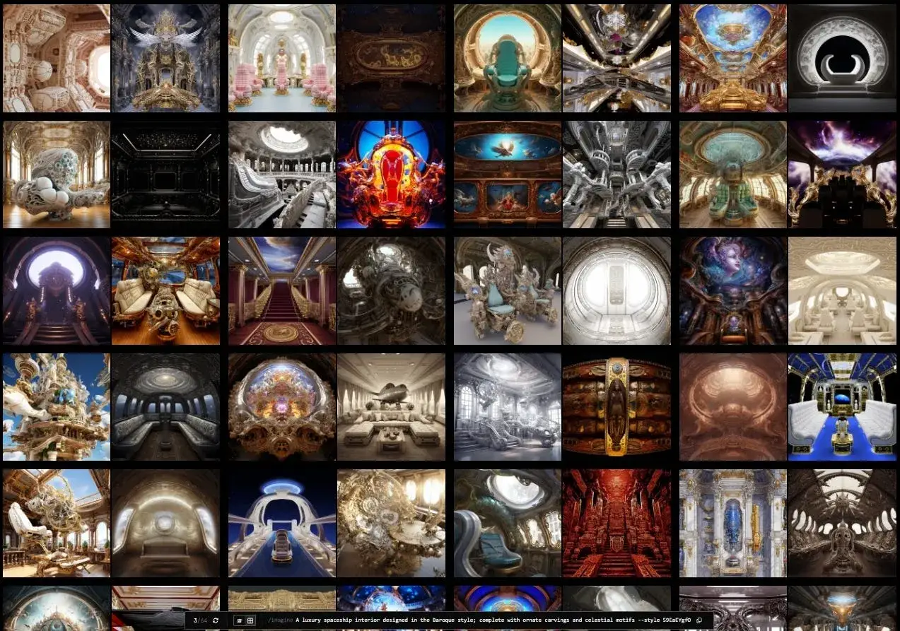 Interiores de naves espaciales de lujo, diseñados con tallas ornamentadas y motivos celestiales, creados con midjourney v6.