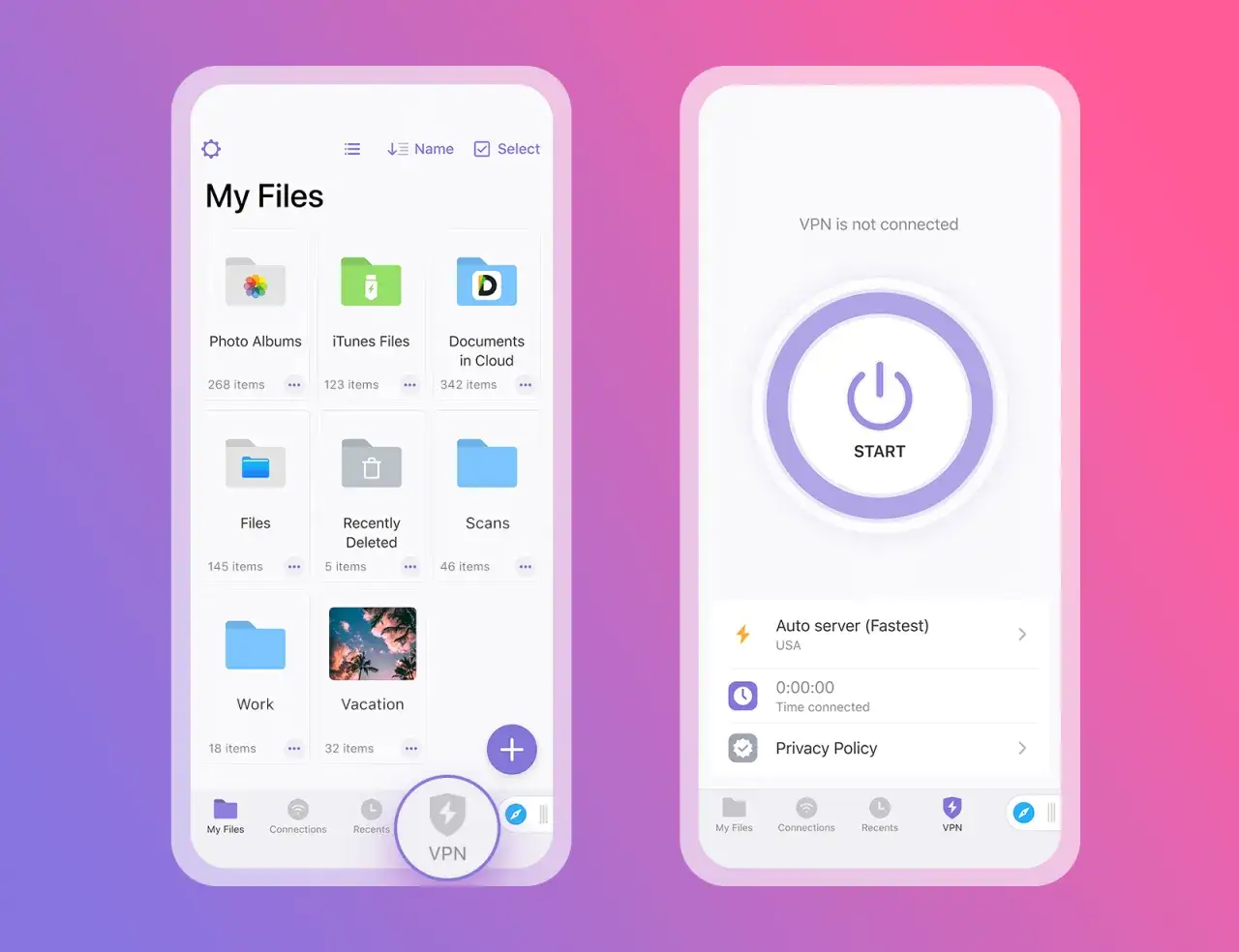 Interfaz de iPhone con carpetas de archivos y una pantalla de VPN. Protege tu iPhone de un virus con esta app.