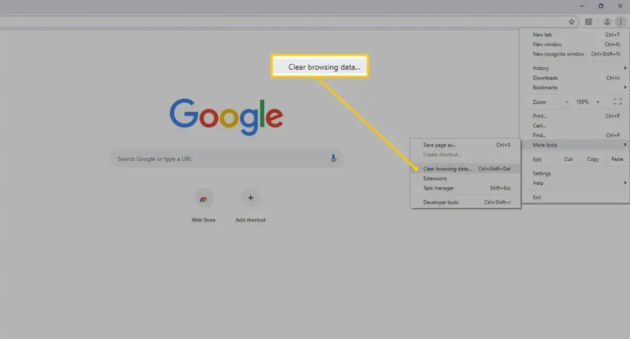 Menú de Chrome para eliminar cookies de Google.
