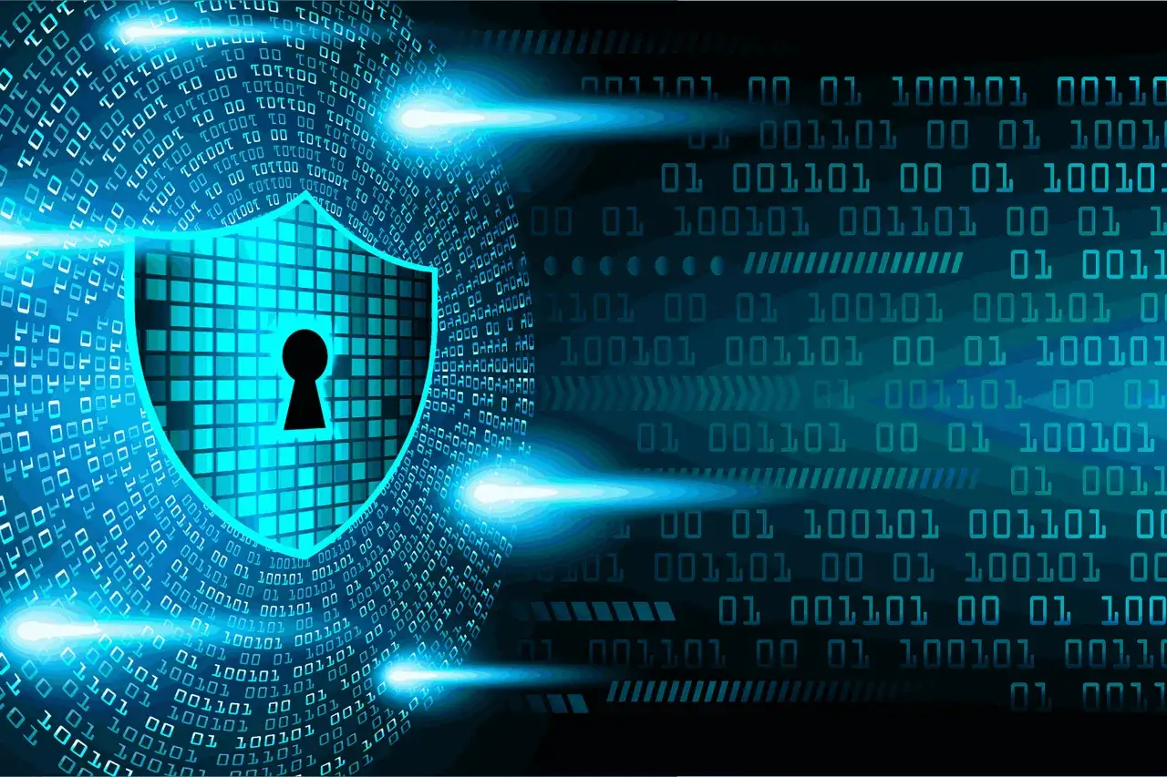 Escudo digital con un candado, rodeado de código binario y rayos de luz. Aprende cómo evitar el keylogger.