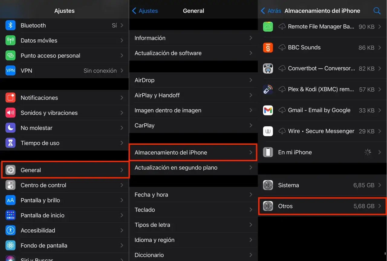 Explora los documentos y datos de tu iPhone en Ajustes > General > Almacenamiento.