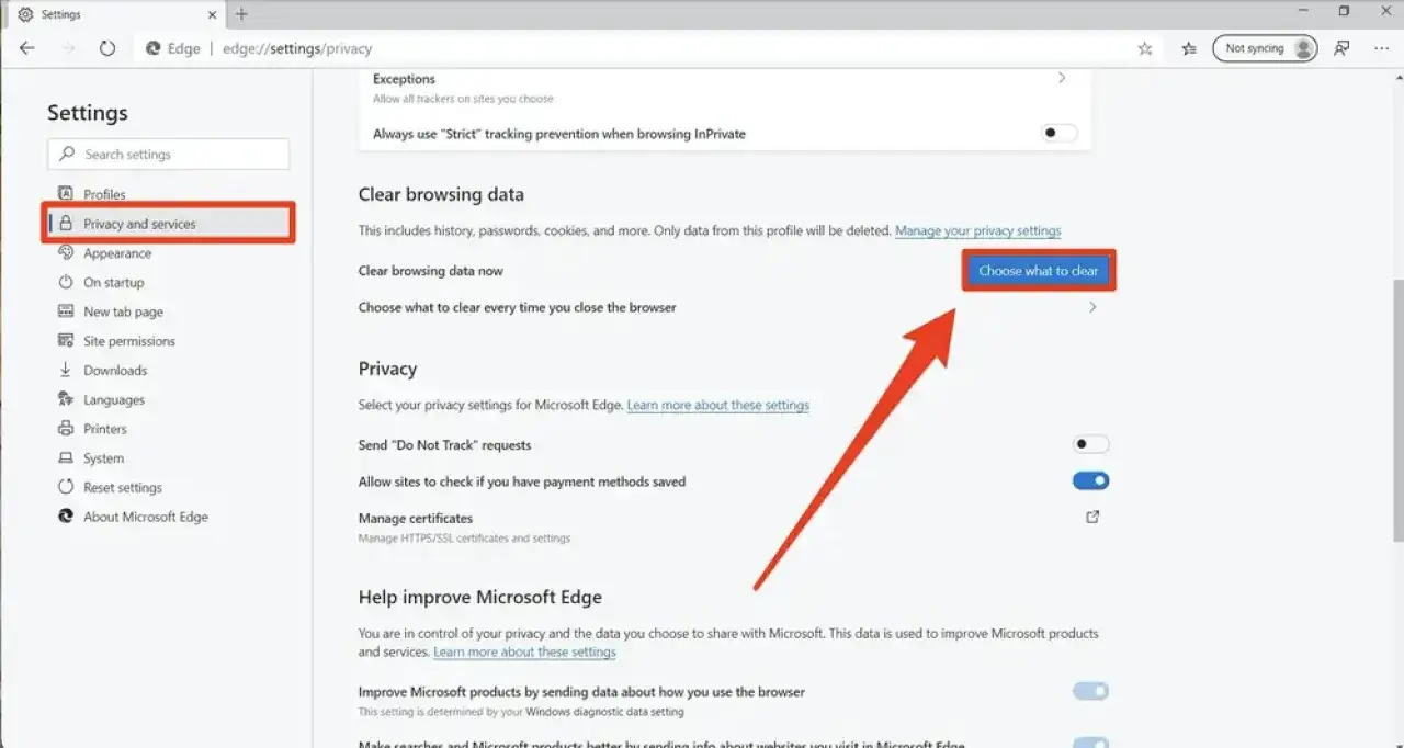 Configuración de Microsoft Edge para eliminar cookies. Haz clic en 