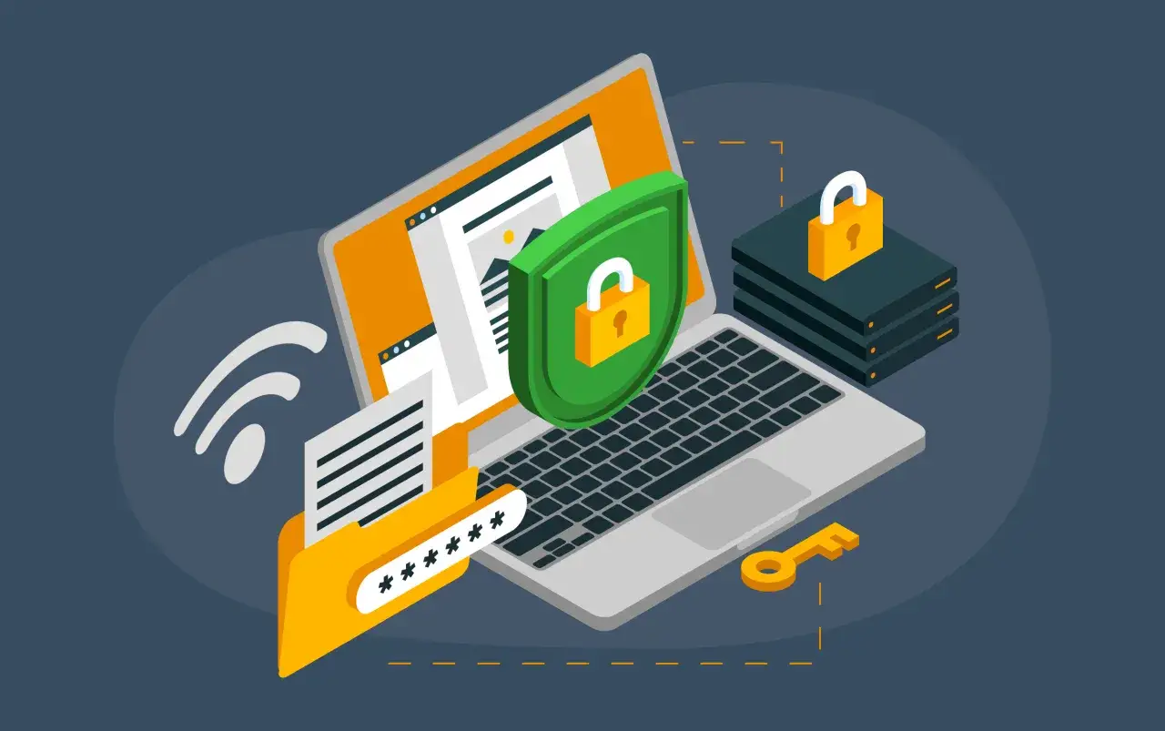 Un portátil con un escudo de seguridad y un candado, simbolizando la privacidad. Una carpeta con asteriscos representa contraseñas, y un Wi-Fi indica conexión. Esto ilustra qué es el modo incognito: navegación privada y segura.