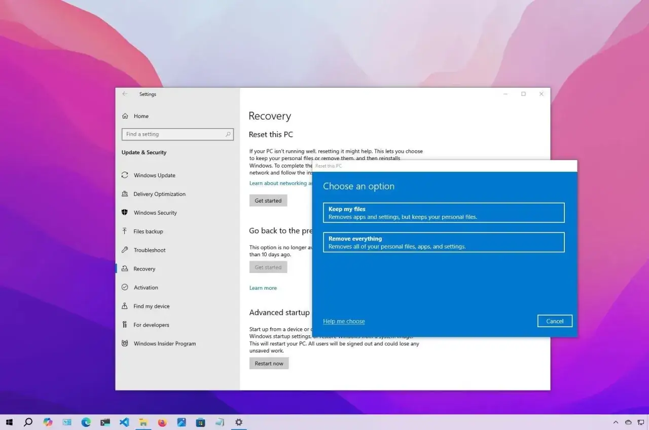 Ventana de configuración de Windows para formatear ordenador, con opciones para mantener archivos o eliminar todo.