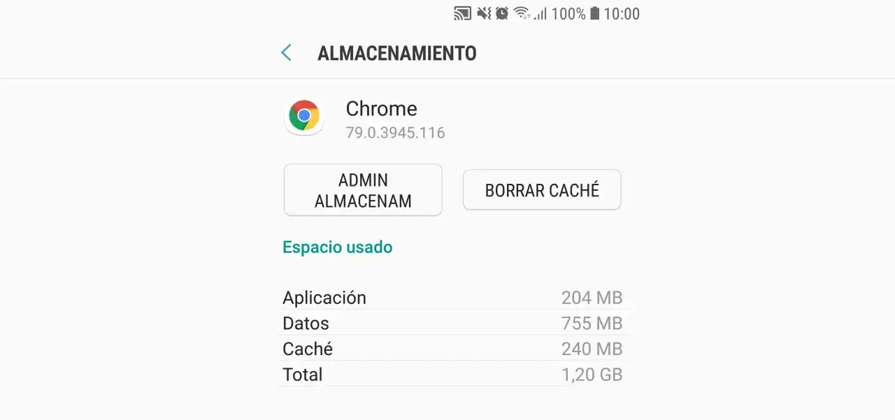 Pantalla de configuración de almacenamiento de Chrome. Muestra la opción 