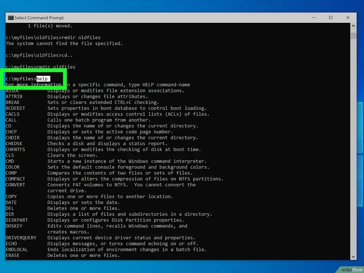 Ventana de comandos de Windows mostrando la ayuda de comandos, con 