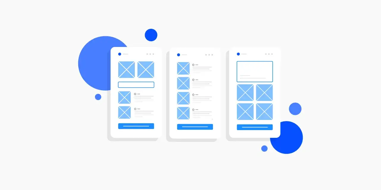 Tres maquetas de interfaz de usuario de aplicaciones móviles, mostrando cómo actualizar una app con diferentes diseños.