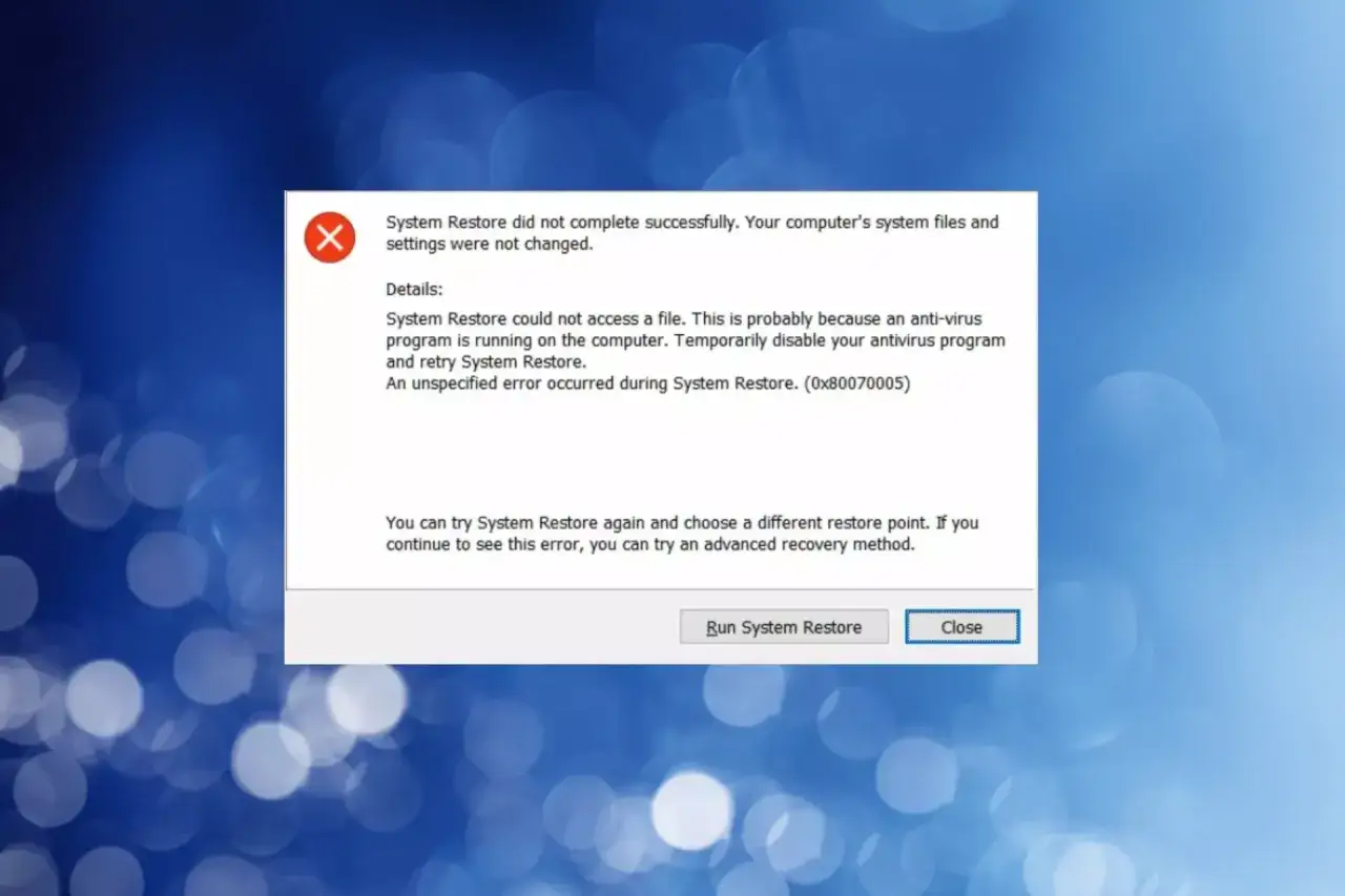 Error al intentar restaurar Windows 11 a un punto anterior. El sistema no pudo acceder a un archivo, posiblemente por el antivirus.