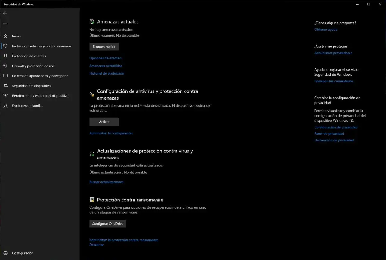 Pantalla de Seguridad de Windows. Se muestra la sección