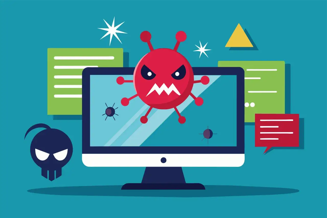 Un virus rojo con cara malvada emerge de una pantalla de ordenador, rodeado de iconos de amenazas y mensajes de alerta. El pup malware est&aacute; atacando.