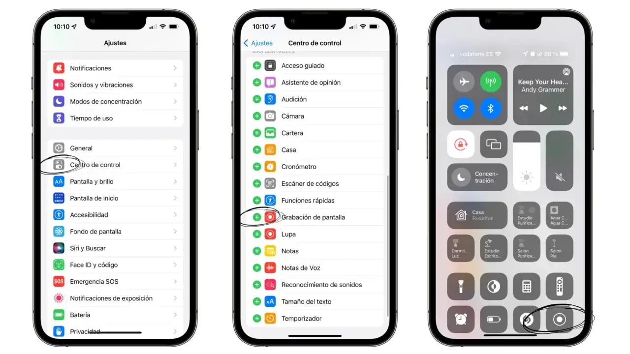Captura de pantalla de un iPhone mostrando cómo activar la grabación de pantalla en el Centro de control.