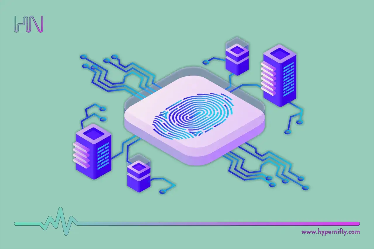 Huella digital en un chip conectado a servidores, simbolizando la seguridad y la identidad en la web 3.