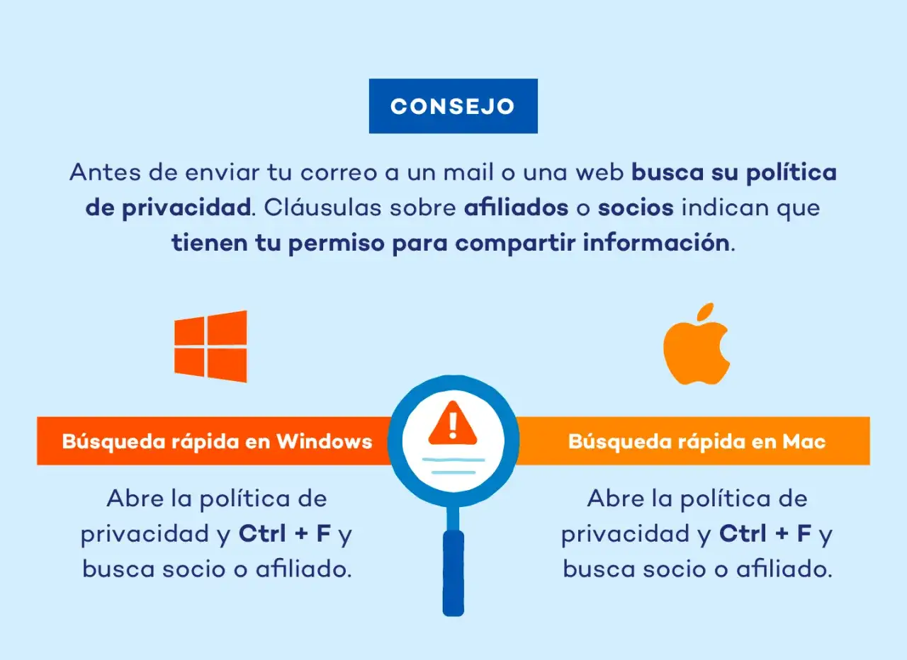 Consejo: Antes de enviar tu correo, revisa la pol&iacute;tica de privacidad para evitar que tus datos se usen para spamear o compartir informaci&oacute;n sin tu permiso.