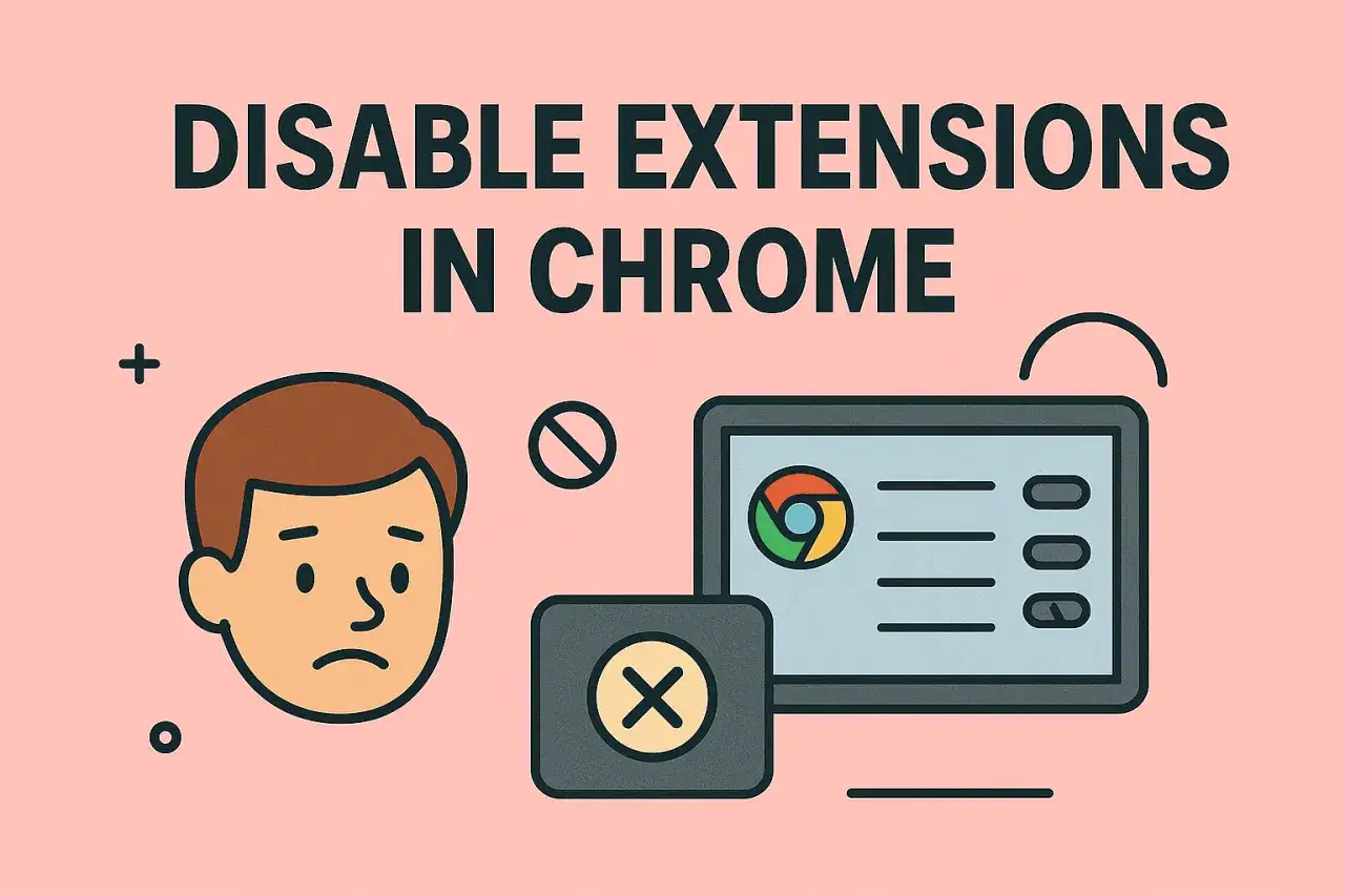 Ilustraci&oacute;n de un rostro triste y un ordenador mostrando c&oacute;mo desactivar extensiones en Chrome.