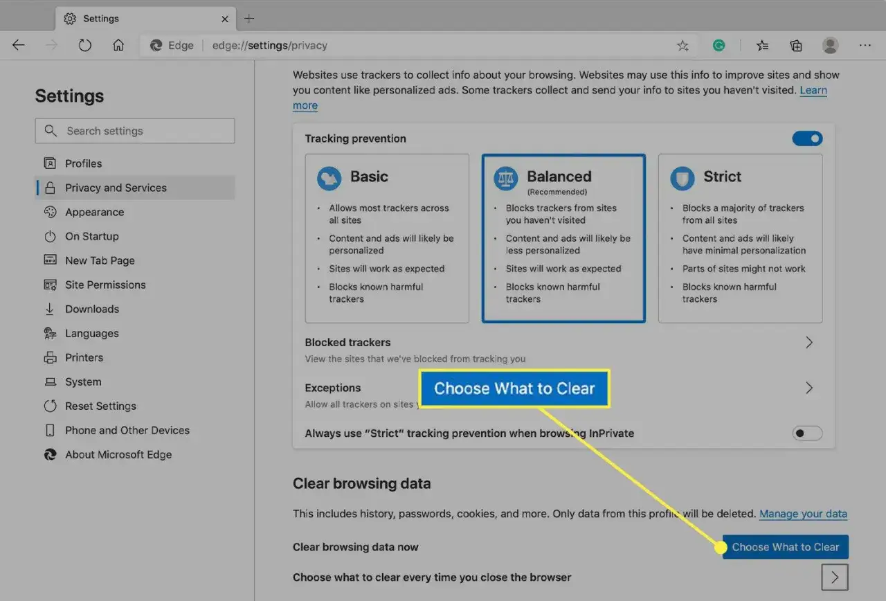Configuración de Edge para borrar caché. Botón