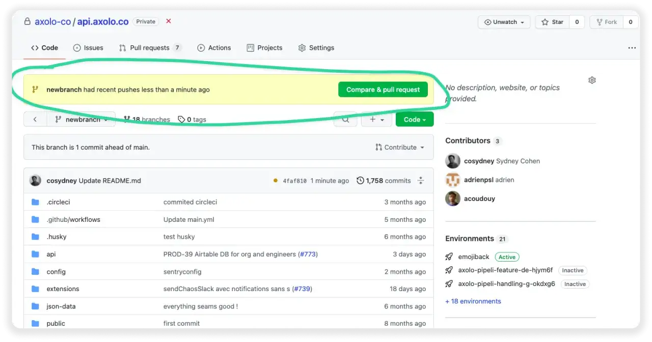 Interfaz de GitHub mostrando la rama