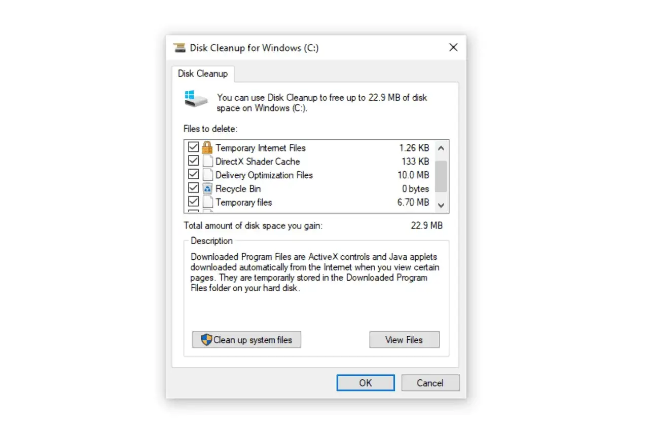 Ventana de Limpieza de Disco. Se pueden borrar archivos temporales, incluyendo los de appdata local temp, para liberar espacio.